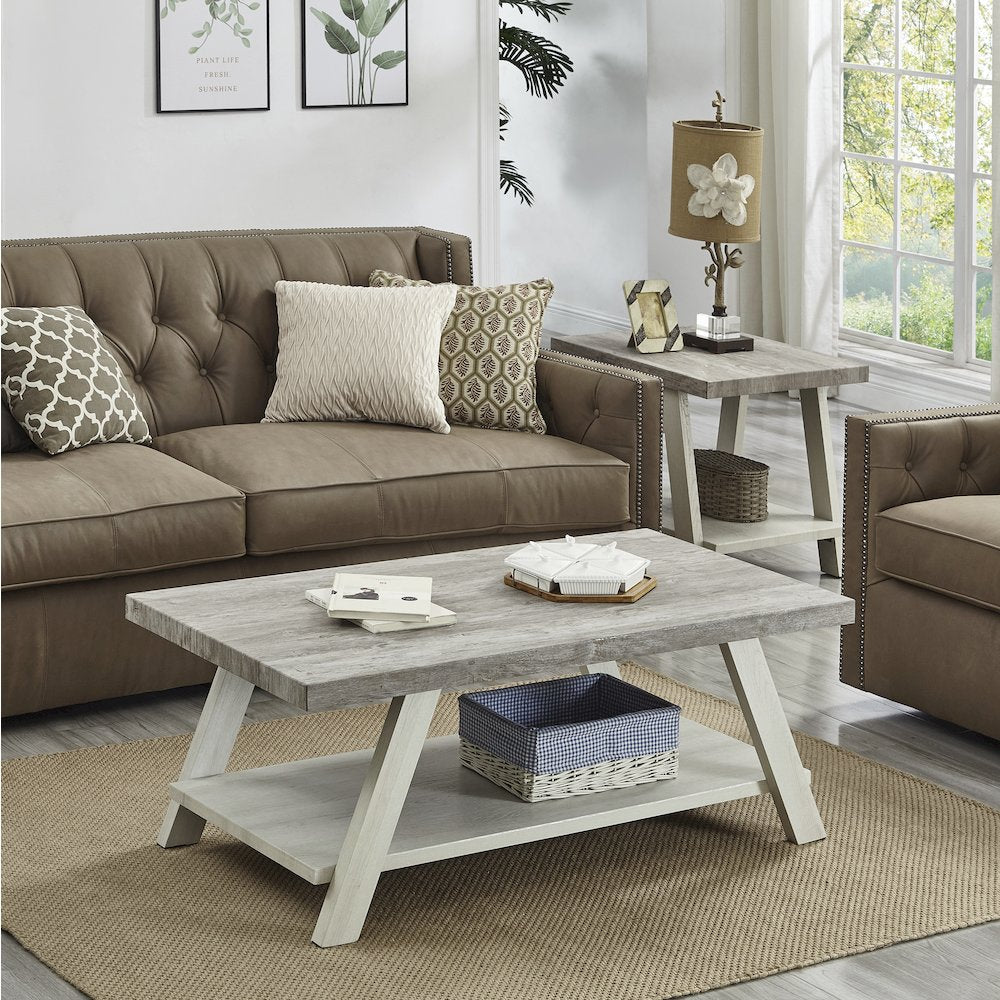 Athens Contemporary 3Pc Wood Shelf Coffee Table Set in Weathered Gray/Beige