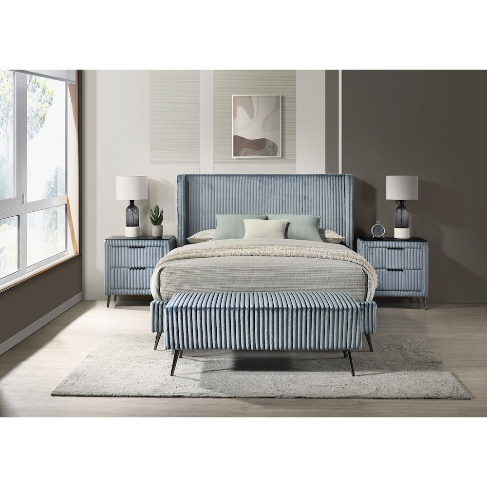 Mavela Wide Wale Corduroy Panel Queen Bed with 2 Nightstands and Bench, Blue
