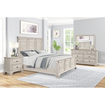 Distressed Parchment Wood Bedroom Set, King Bed, Dresser, Mirror, 2 Nightstands