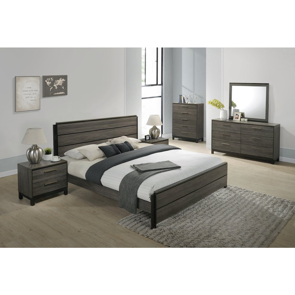Grey Finish Wood Bed Room Set, King Bed, Dresser, Mirror, 2 Night Stands, Chest