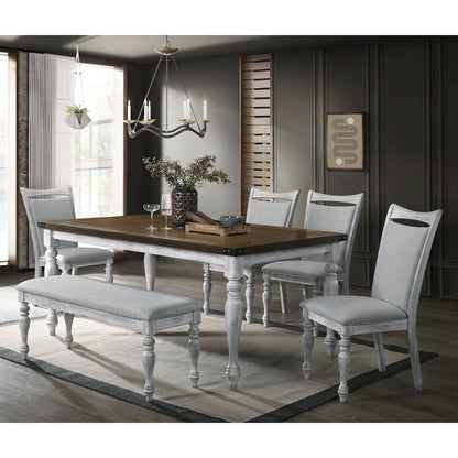 6 Piece Dining Table Set, 4 Upholstered Chairs, 1 Bench, Rustic White and Oak