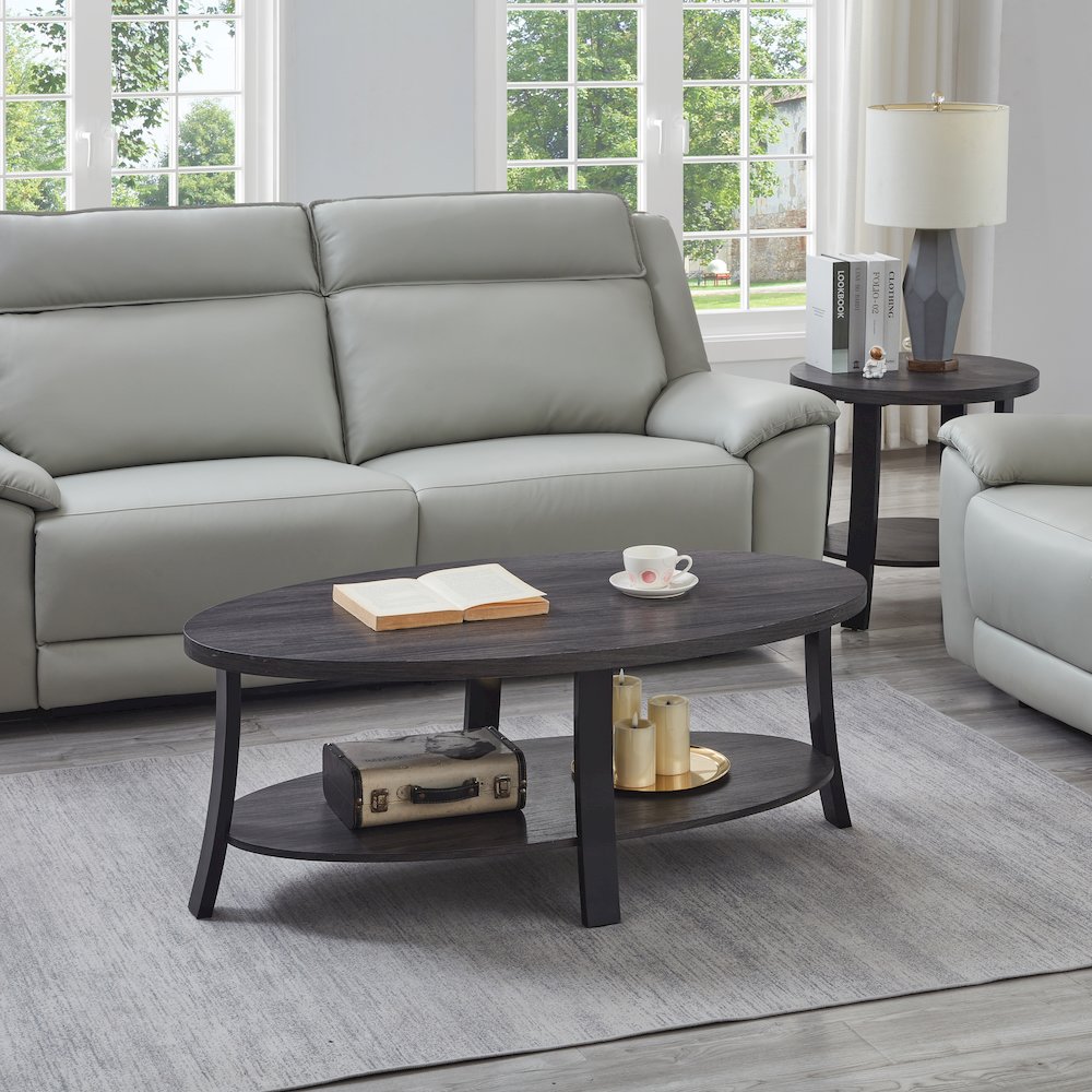 Anze Contemporary Oval Wood Shelf 3-Pc Coffee Table Set in Charcoal Finish