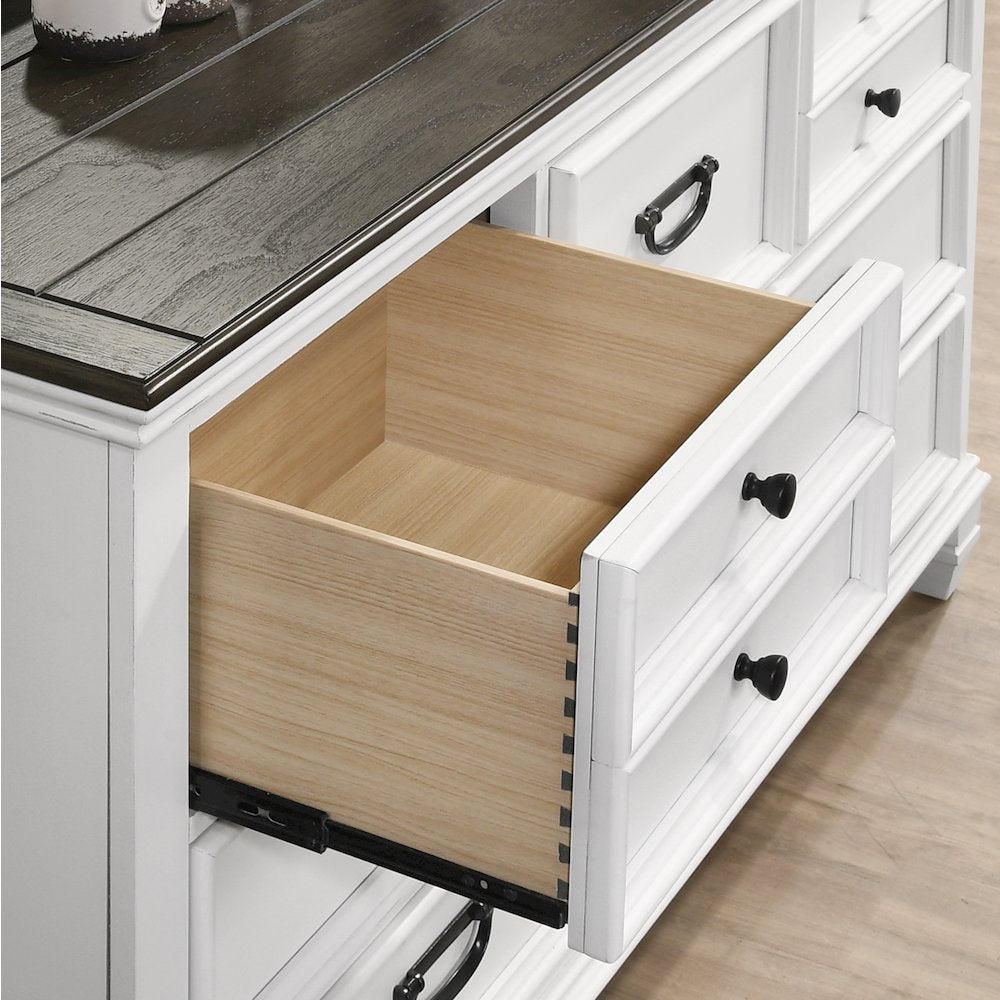 Clelane Wood 7-Drawer Dresser with Mirror, Weathered White and Gray