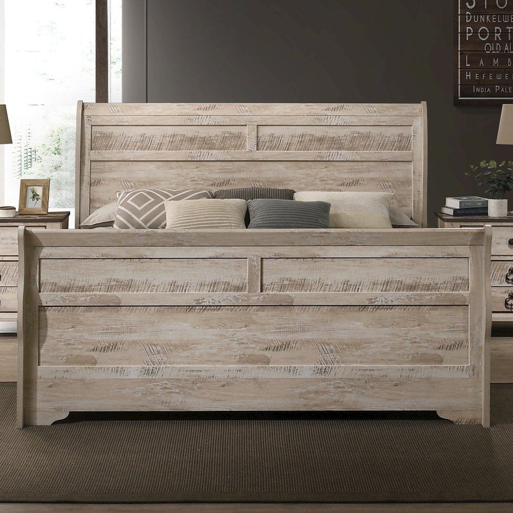 White Wash Finish Bedroom Set with Queen Sleigh Bed, Dresser, Mirror, Nightstand
