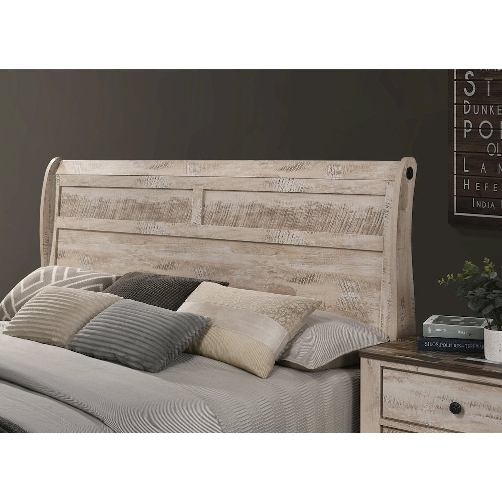 White Wash Finish Bedroom Set with Queen Bed, Dresser, Mirror, Two Nightstands