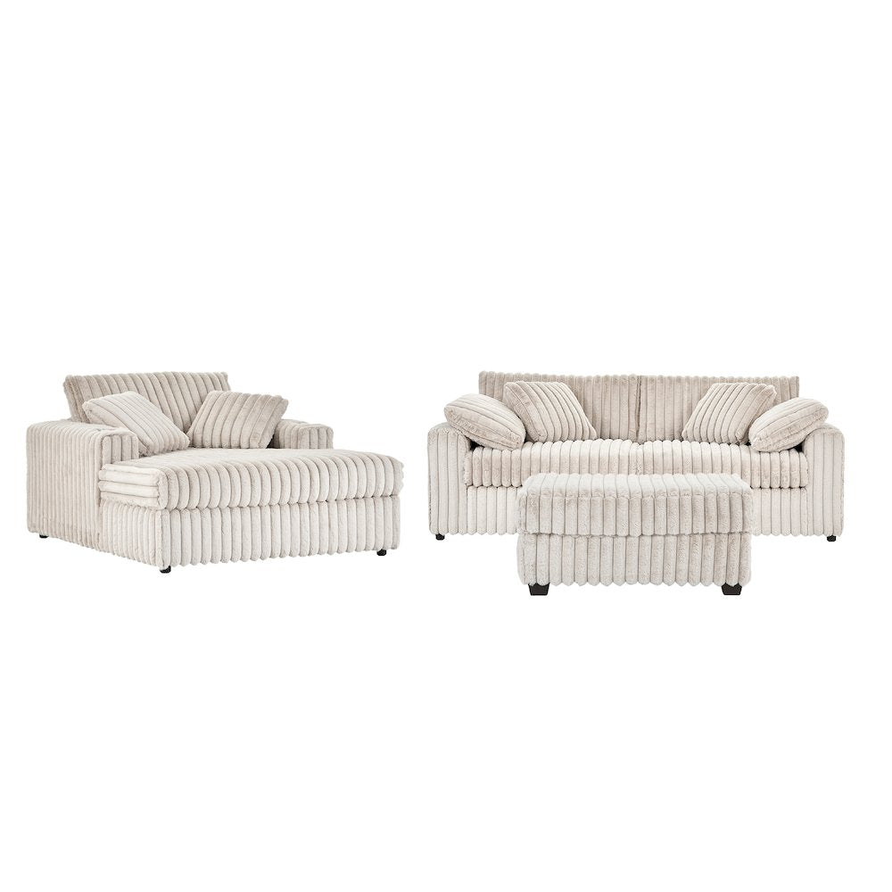 Belvoir 3-Piece Living Room Set, Sofa Cuddle Chaise and Ottoman, Beige Champagne