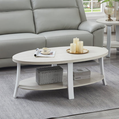 Anze Contemporary Oval Wood Shelf Coffee Table in White Finish