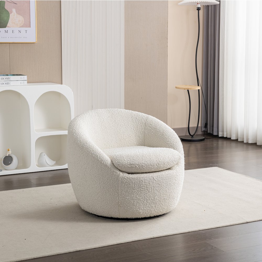 Winnie Modern Teddy Boucle Fabric Barrel Chair, 360 Degree Swivel, White