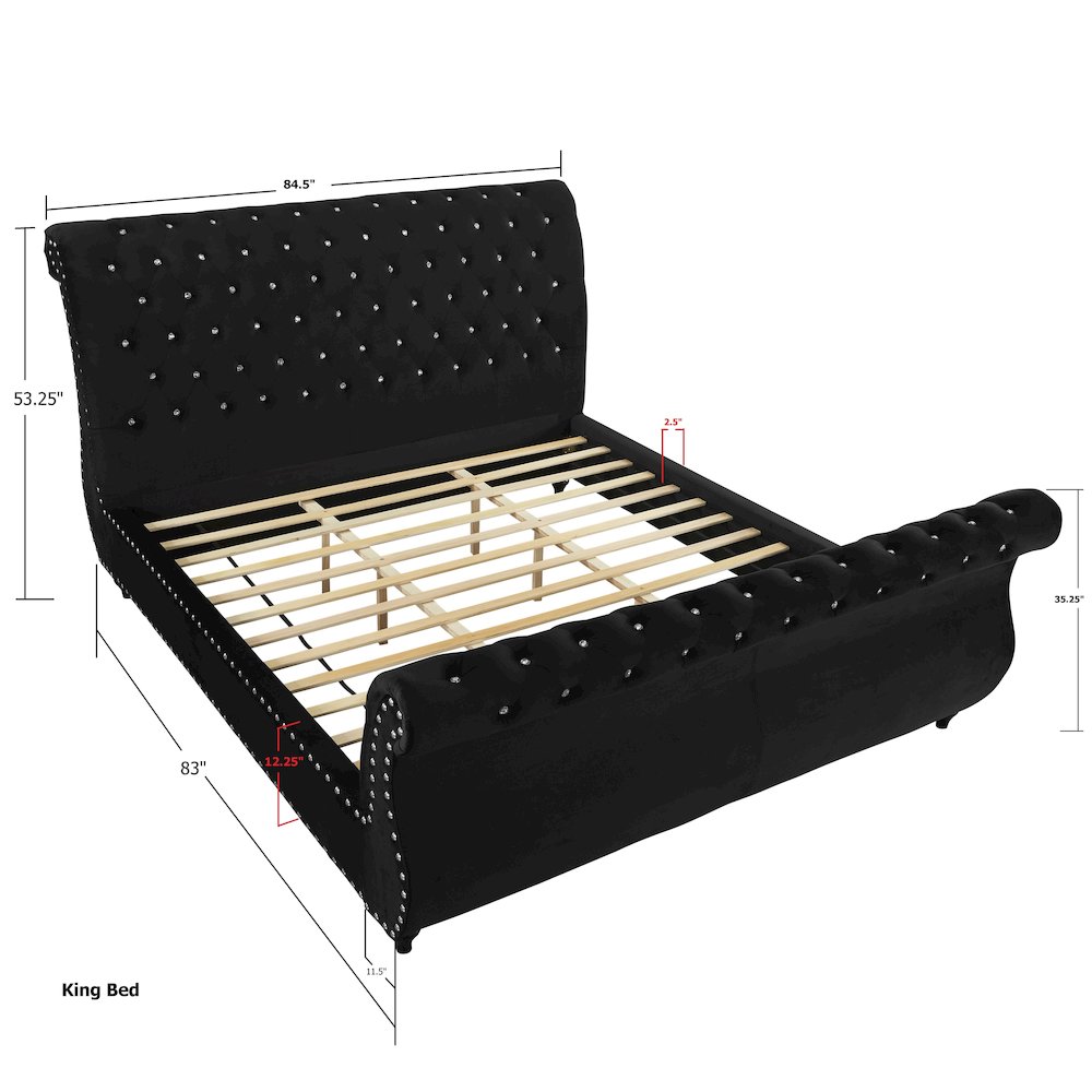 Evora Black Velvet Upholstered Crystal Button Tufted Sleigh Bed, King