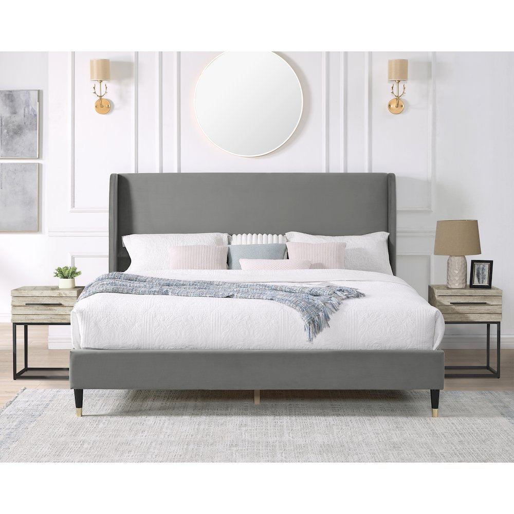 Rozitta Gray Velvet Wingback Platform Bed, Queen