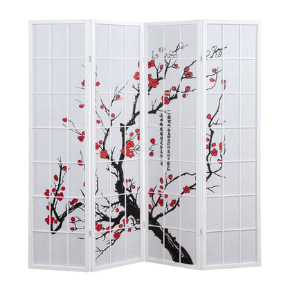 Elandra 4-Panel Room Divider, Plum Blossom Print, Privacy Screen, White