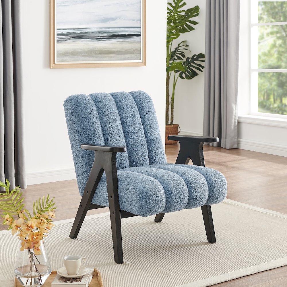 Rella Modern Teddy Sherpa Accent Chair with Espresso Wood Frame, Blue
