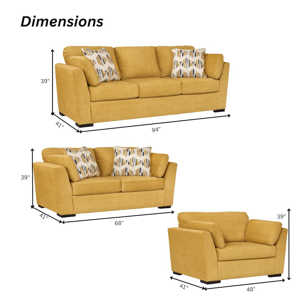 Clareen 3-Pc Living Room Set, Sofa, Loveseat and Cutler Chair, Sunflower