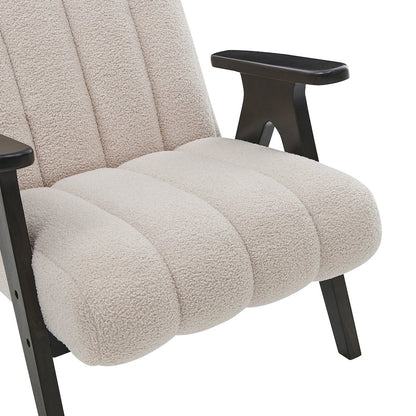 Rella Modern Teddy Sherpa Accent Chair with Espresso Wood Frame, Beige