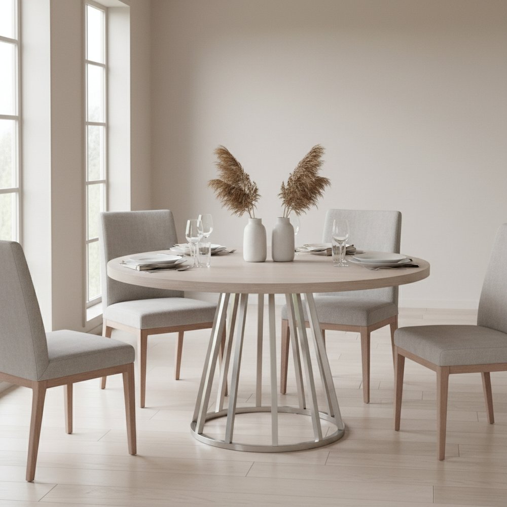 Gray Round Dining Table Top 54 Inches, Acacia Wood Veneer, MDF