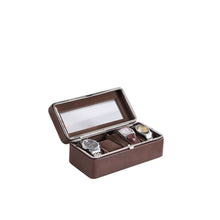 3.5" In  Brown Leather Brown Lining Tempered Glass 4-Watch Display Case