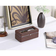 3.5" In  Brown Leather Brown Lining Tempered Glass 4-Watch Display Case