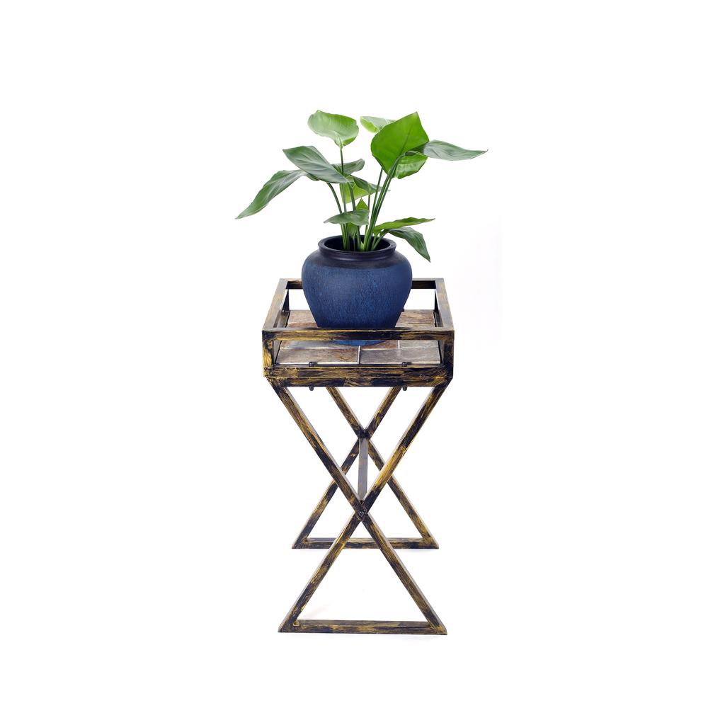 27" in GRAY STONE SLAB BLACK/GOLD METAL PLANT STAND