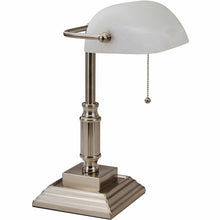 Victory Light Banker's Brass Desk Lamp - 14.8" Height x 6.5" Width - 10 W LED Bulb - Brushed Nickel - Rotating Glass Shade, Hanging Chain - Metal - Desk Mountable - Nickel, White - for Desk, Bank, Off