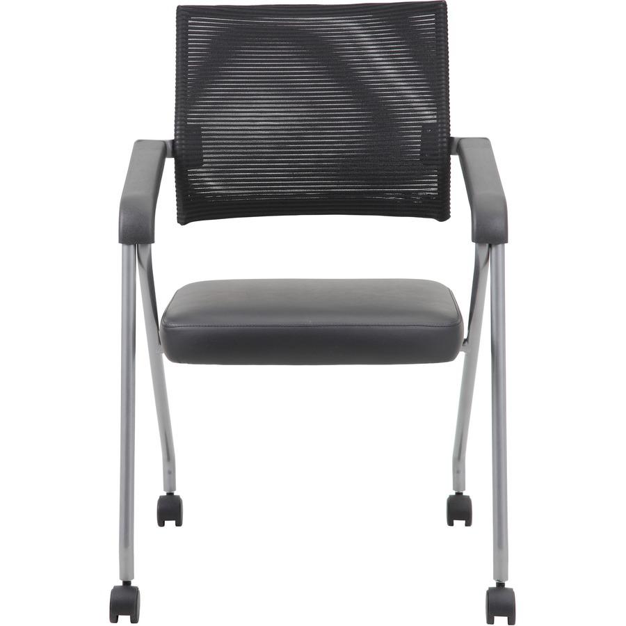 Boss Caressoft Plus Training Chair - Black Vinyl Seat - Black Mesh Back - Pewter Frame - Four-legged Base - Armrest - 2 / Carton