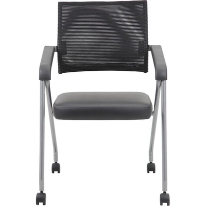 Boss Caressoft Plus Training Chair - Black Vinyl Seat - Black Mesh Back - Pewter Frame - Four-legged Base - Armrest - 2 / Carton