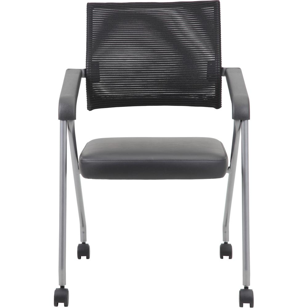 Boss Caressoft Plus Training Chair - Black Vinyl Seat - Black Mesh Back - Pewter Frame - Four-legged Base - Armrest - 2 / Carton