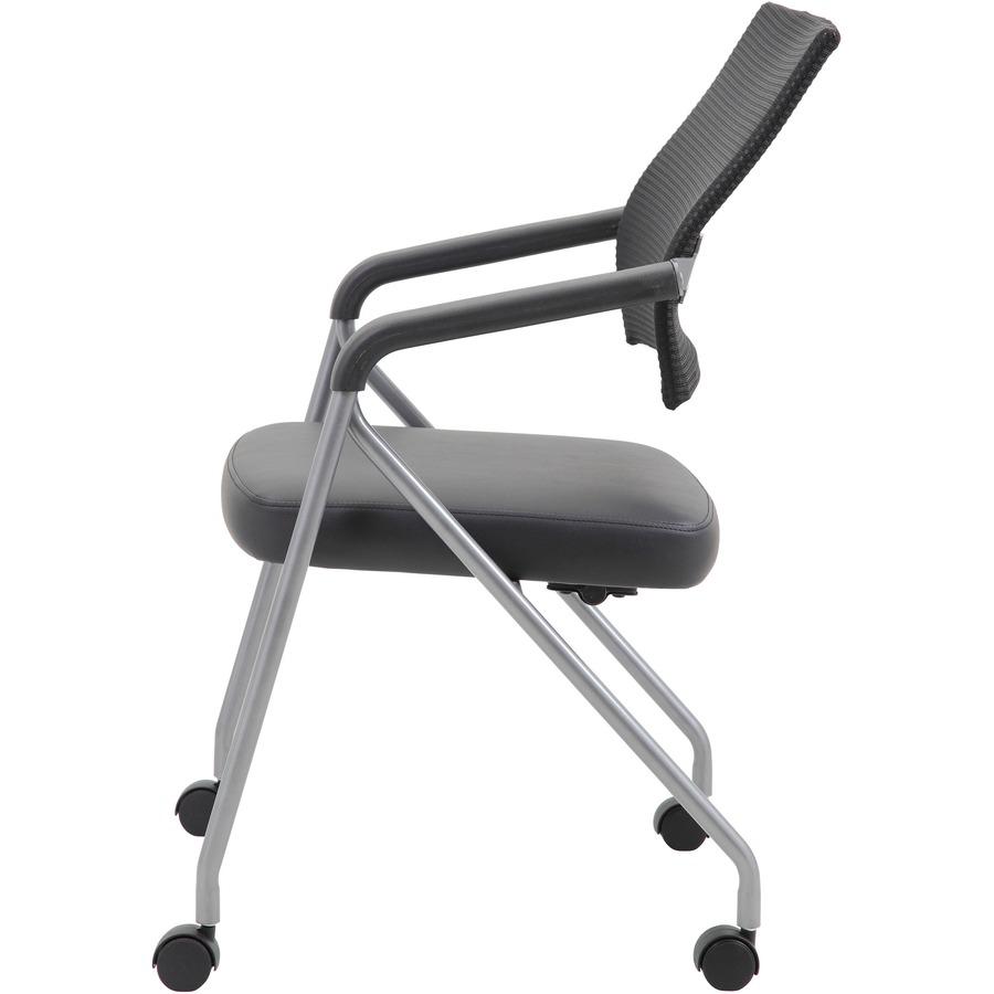 Boss Caressoft Plus Training Chair - Black Vinyl Seat - Black Mesh Back - Pewter Frame - Four-legged Base - Armrest - 2 / Carton