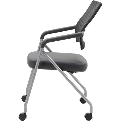 Boss Caressoft Plus Training Chair - Black Vinyl Seat - Black Mesh Back - Pewter Frame - Four-legged Base - Armrest - 2 / Carton