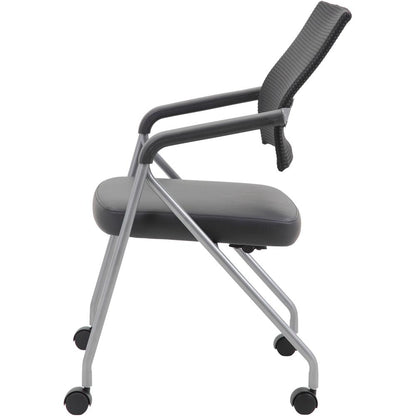 Boss Caressoft Plus Training Chair - Black Vinyl Seat - Black Mesh Back - Pewter Frame - Four-legged Base - Armrest - 2 / Carton