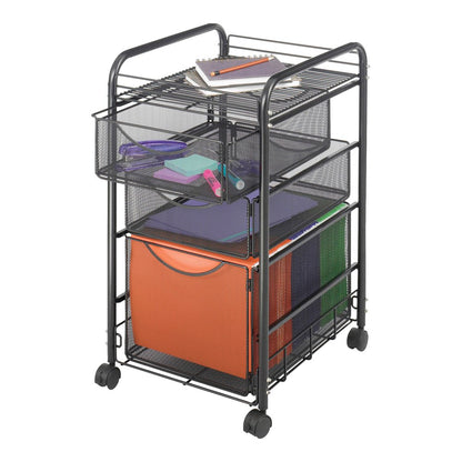 Safco Onyx Mesh File Cart - 2 Shelf - 3 Drawer - 4 Casters - 1.50" Caster Size - Steel - 15.75" Width x 17" Depth x 27" Height - Steel Frame - Black - 1 Each