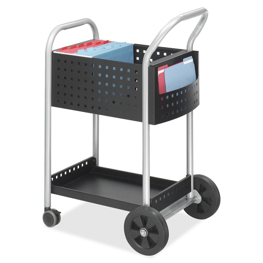 Safco Scoot Mail Cart - 2 Shelf - 300 lb Load Capacity - 4 Casters - 3" , 8" Caster Size - Steel - 22" Width x 27" Depth x 40.50" Height - Black, Silver - 1 Each