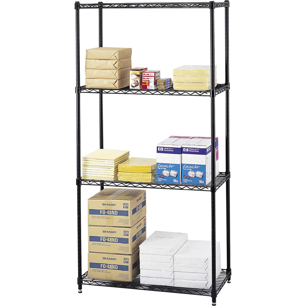 Safco Commercial Wire Shelving - 36" Width x 18" Depth x 72" Height - 4 x Shelf(ves) - 2000 lb Load Capacity - Leveling Glide, Adjustable Feet - Black - Powder Coated - Steel - No - Assembly Required