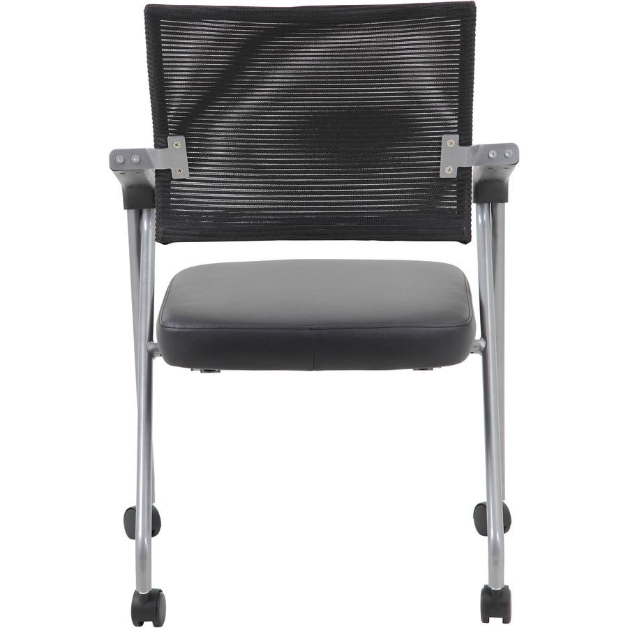 Boss Caressoft Plus Training Chair - Black Vinyl Seat - Black Mesh Back - Pewter Frame - Four-legged Base - Armrest - 2 / Carton