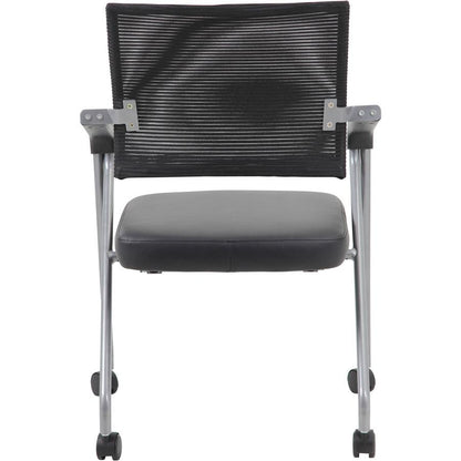 Boss Caressoft Plus Training Chair - Black Vinyl Seat - Black Mesh Back - Pewter Frame - Four-legged Base - Armrest - 2 / Carton