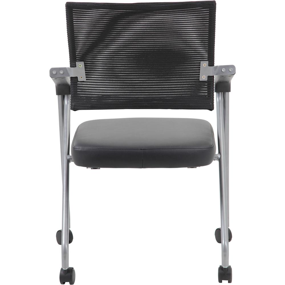 Boss Caressoft Plus Training Chair - Black Vinyl Seat - Black Mesh Back - Pewter Frame - Four-legged Base - Armrest - 2 / Carton
