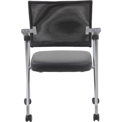 Boss Caressoft Plus Training Chair - Black Vinyl Seat - Black Mesh Back - Pewter Frame - Four-legged Base - Armrest - 2 / Carton