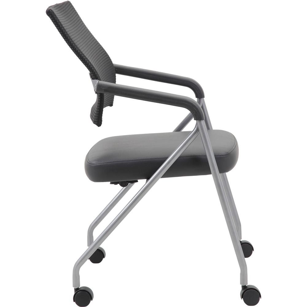 Boss Caressoft Plus Training Chair - Black Vinyl Seat - Black Mesh Back - Pewter Frame - Four-legged Base - Armrest - 2 / Carton