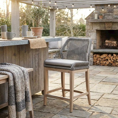Gray Outdoor Counter Stool, Teak Legs, Aluminum Frame, Rope Weave