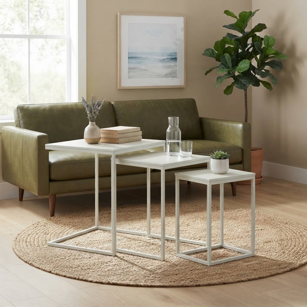 FurniFact Nesting Tables with Mango Wood Tops, White