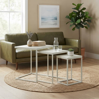FurniFact Nesting Tables with Mango Wood Tops, White