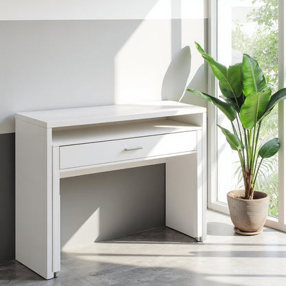 White Office Desk with Sliding Drawer, Riser, and Spacious Honeycomb Design