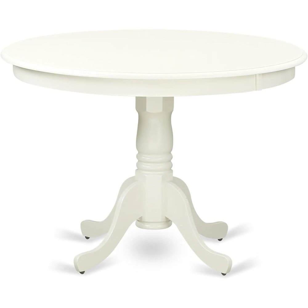 East West Furniture HLDA3-LWH-26 3 Piece Dining Room Furniture Set Includes a Round Kitchen Table with Pedestal and 2 Upholstered Parson Chairs, Small, Linen White