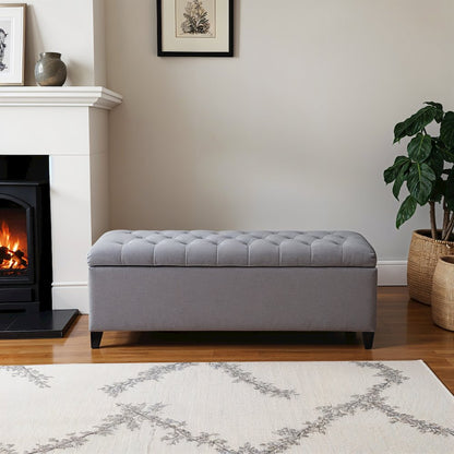 Gray Storage Bench with Soft Close, Tufted Top, Hardwood Frame, Birch Legs