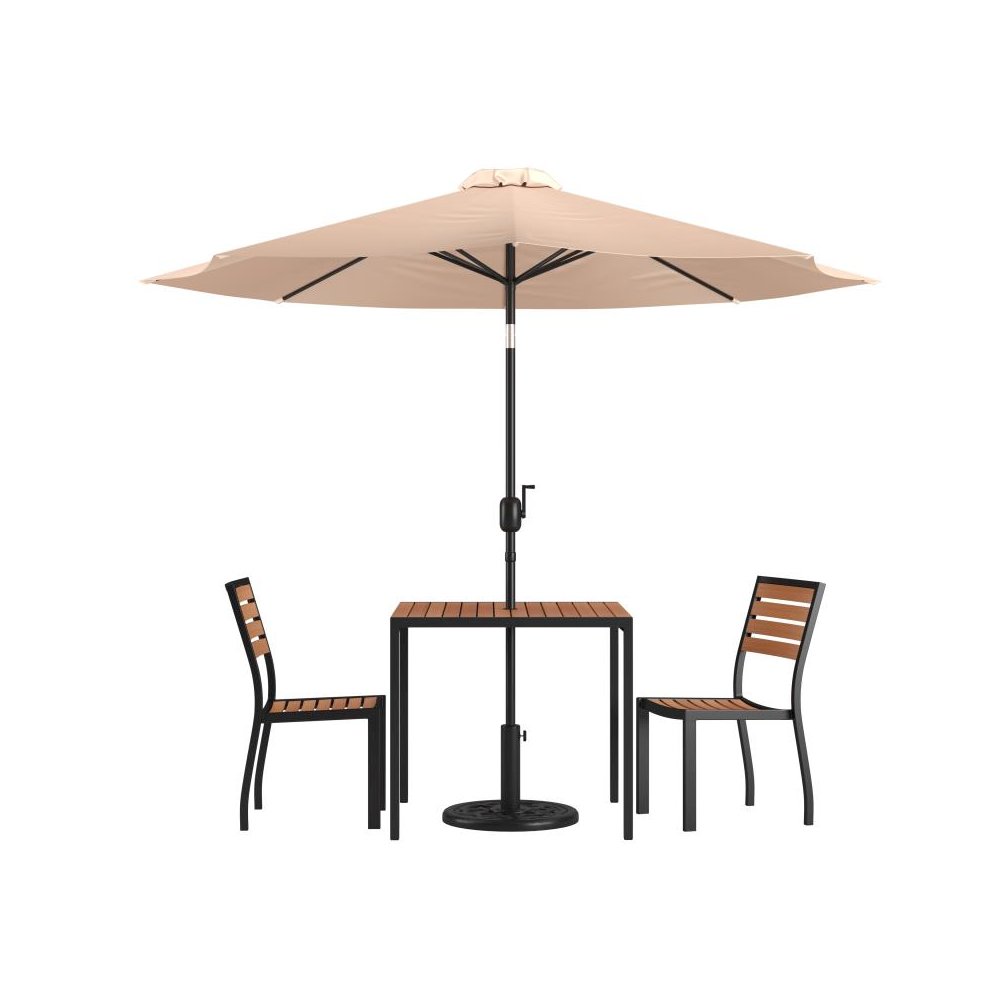 5 Piece All-Weather Deck or Patio Set with 2 Stacking Faux Teak Chairs, 35" Square Faux Teak Table, Tan Umbrella & Base