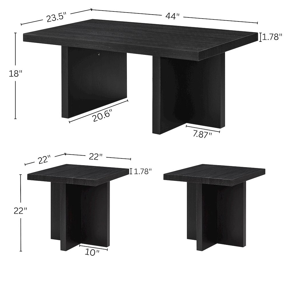 Mchome 3-Piece Coffee Table Set, Coffee Table and Two End Tables, Black Finish