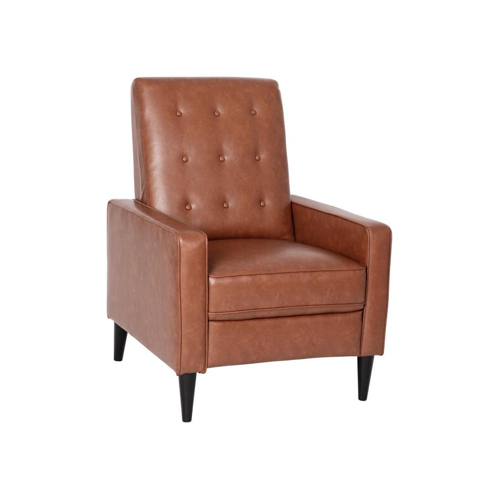 Ezra Mid-Century Modern LeatherSoft Upholstered Button Tufted Pushback Recliner in Cognac Brown for Residential & Commercial Use