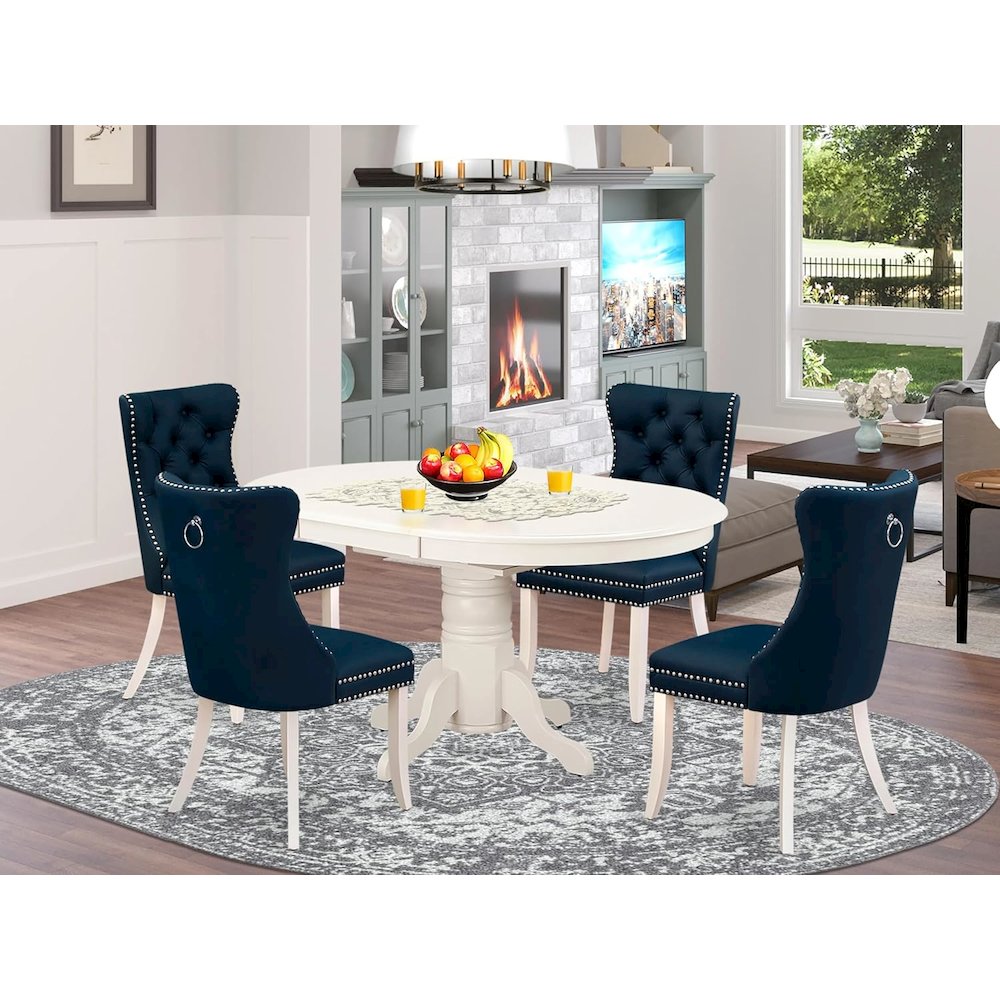 East West Furniture AVDA5-LWH-29 5 Piece Dining Set Includes an Oval Wooden Table with Butterfly Leaf and 4 Upholstered Chairs, 60x42 Inch, Linen White