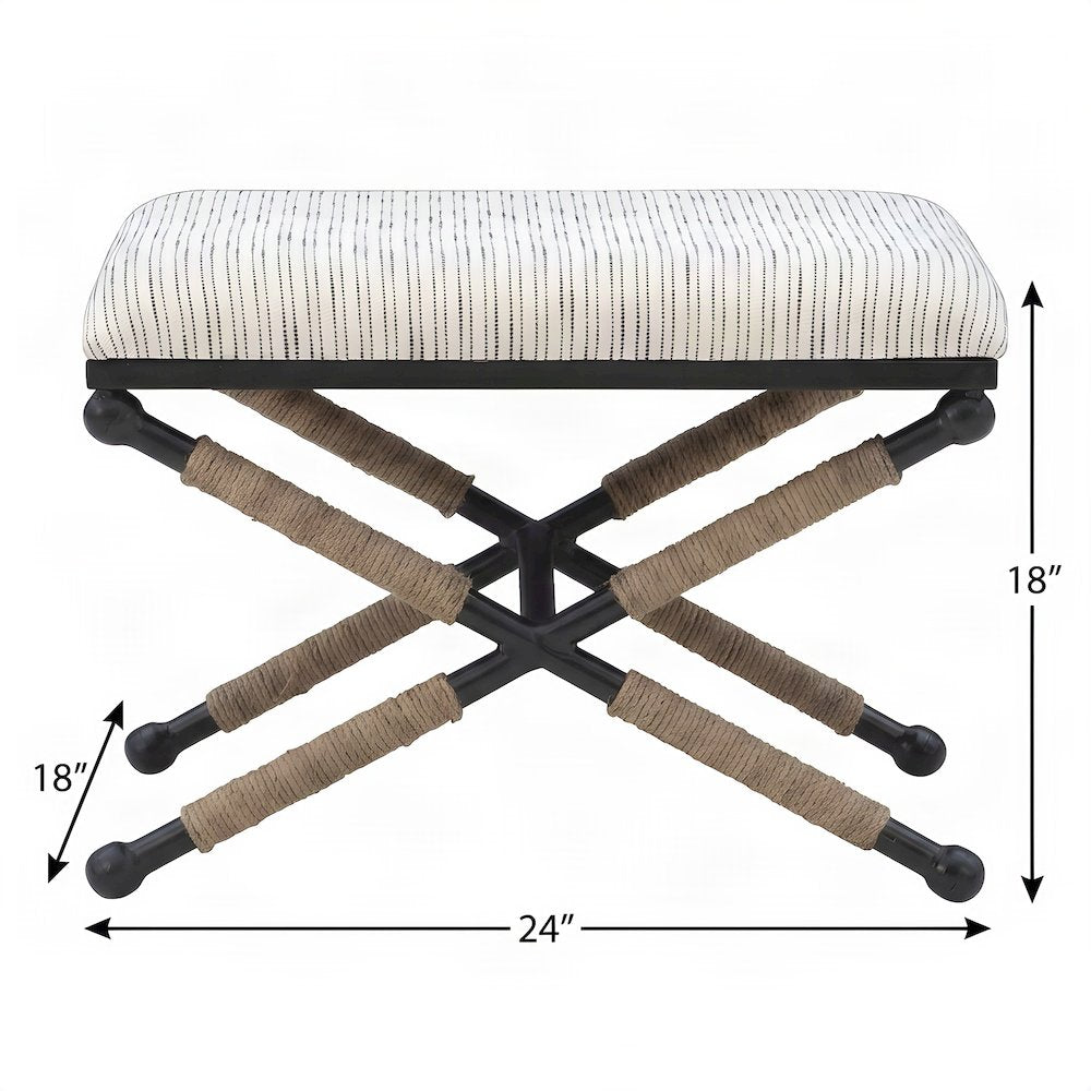 Cotton-Upholstered Woven-Stripe Ottoman Footstool with Iron Base, Beige