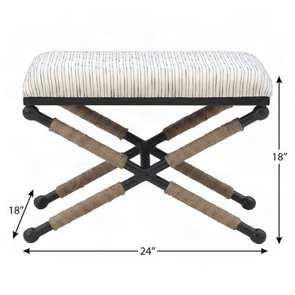 Cotton-Upholstered Woven-Stripe Ottoman Footstool with Iron Base, Beige
