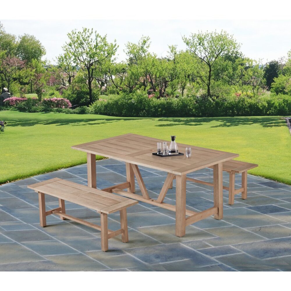 Rustic Light Oak Outdoor Dining Set - Acacia Wooden Table with 2 Wood Benches